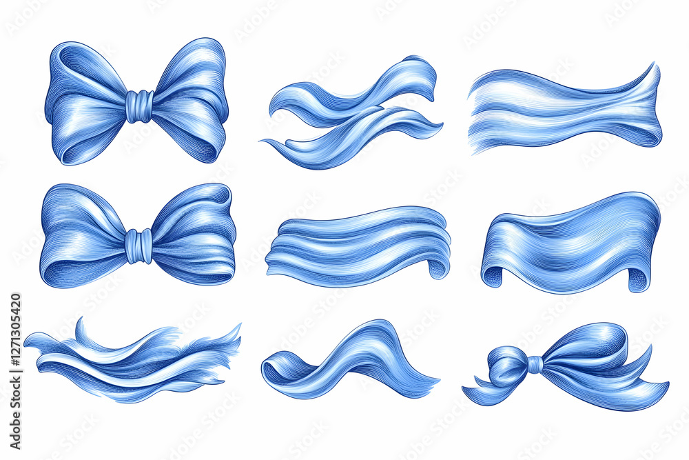 Fototapeta premium Blue ribbon bows and banners, design elements, white background, graphic design