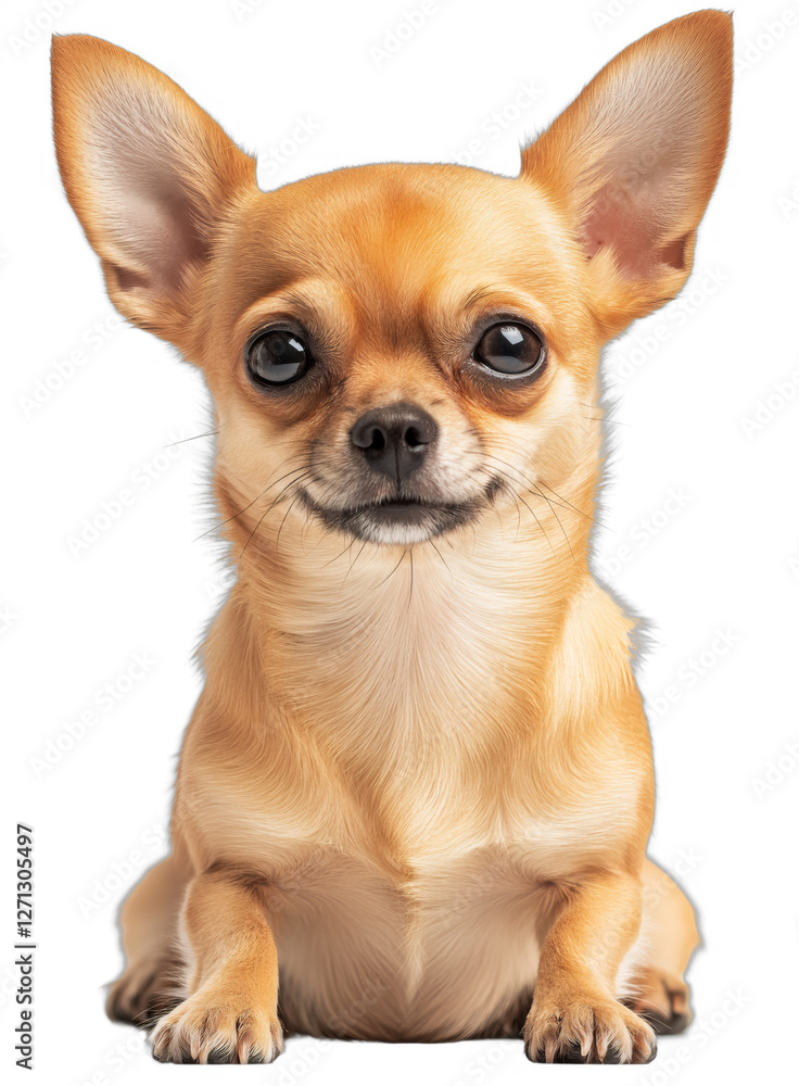 Fototapeta premium A long-haired Chihuahua with a golden-brown coat stands against a black background, gazing attentively forward.