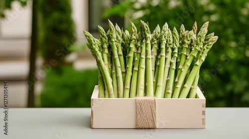 Elegant Freshly cut asparagus spears neatly bundled with twine and placed in a crate on the ground highlighting their vibrant green color  photo