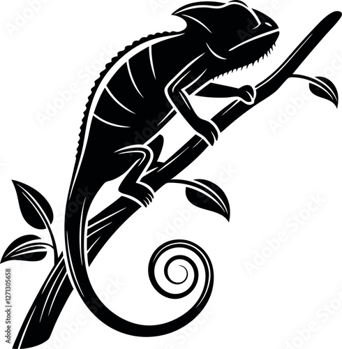 Chameleon Climbing Black Silhouette, Minimalistic Vector Illustration, Animal Silhouette, Reptile Art, Climbing Chameleon, Simple Animal Design, Nature Vector, Vector Illustration of Chameleon.