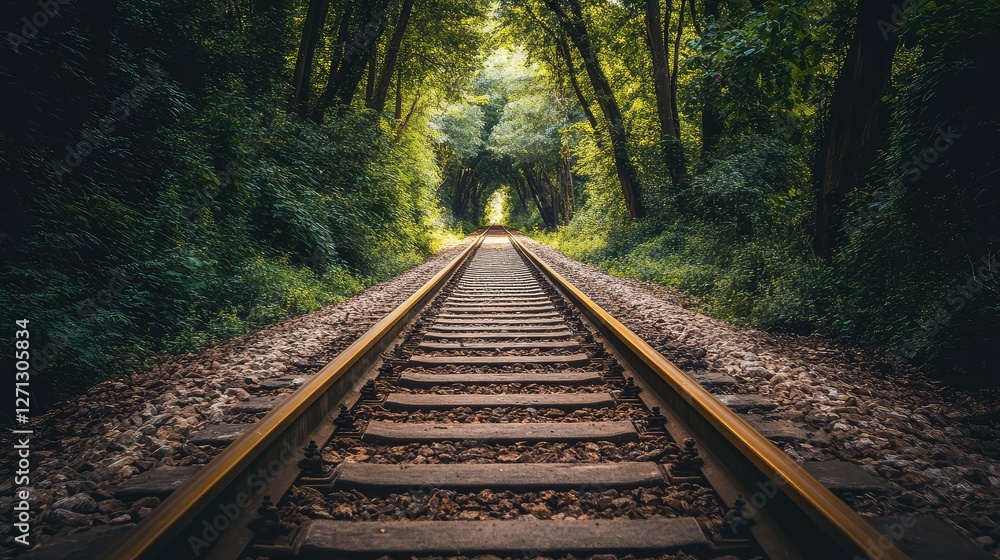 Fototapeta premium Old railway track running parallel to a rural dirt road, disappearing into a tunnel of dense trees.