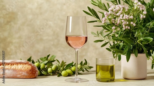 Elegant Glasses of red wine artisanal bread and olive oil on a rustic table set for an Italian Easter family gathering cozy and welcoming scene 