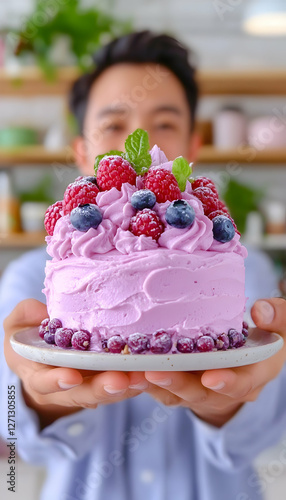 Boy presents homemade berry cake, kitchen background, food blog use photo