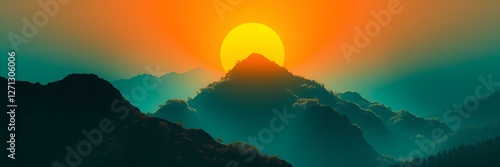 Breathtaking landscape featuring a vibrant sunset over layered mountains with a warm glow