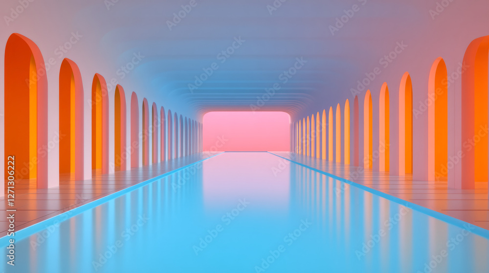 A futuristic atrium where orange-lit corridors contrast against translucent blue glass ceilings, A futuristic atrium where orange-lit corridors contrast against translucent blue glass ceilings,