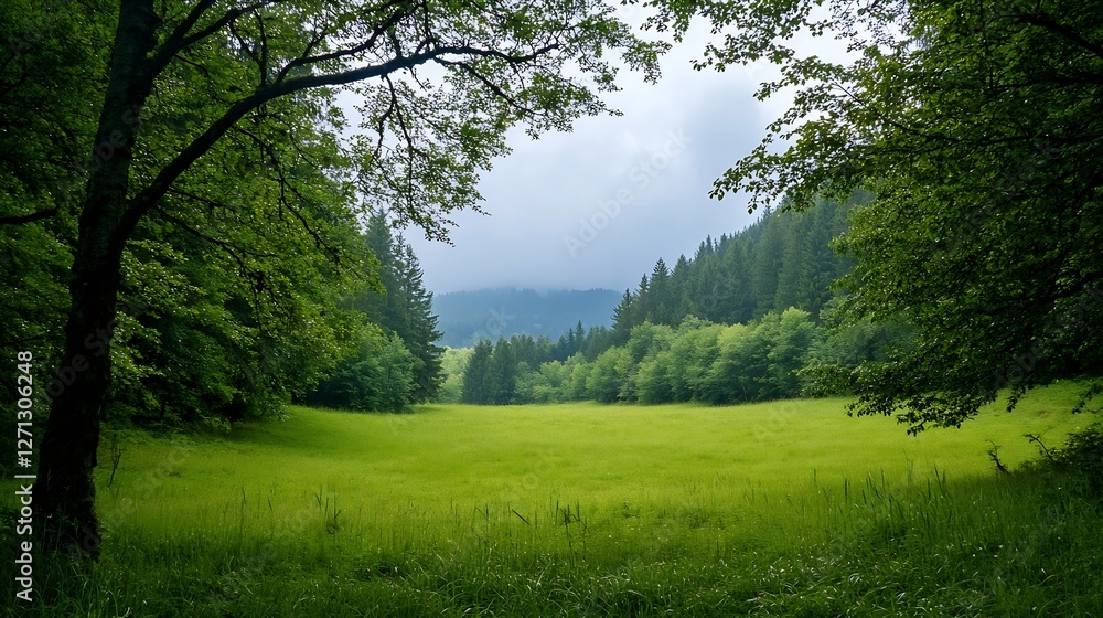 Fototapeta premium Serene Green Landscape Surrounded by Trees and Misty Mountains Capturing Nature's Beauty : Generative AI