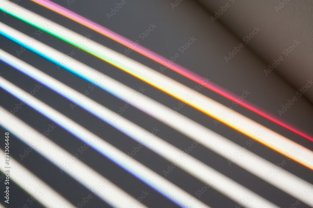 Close-Up of Light Rays on White Background Creating Iridescent Effect with Rainbow Reflections Close-Up of Light Rays on White Background Creating Iridescent Effect with Rainbow Reflections