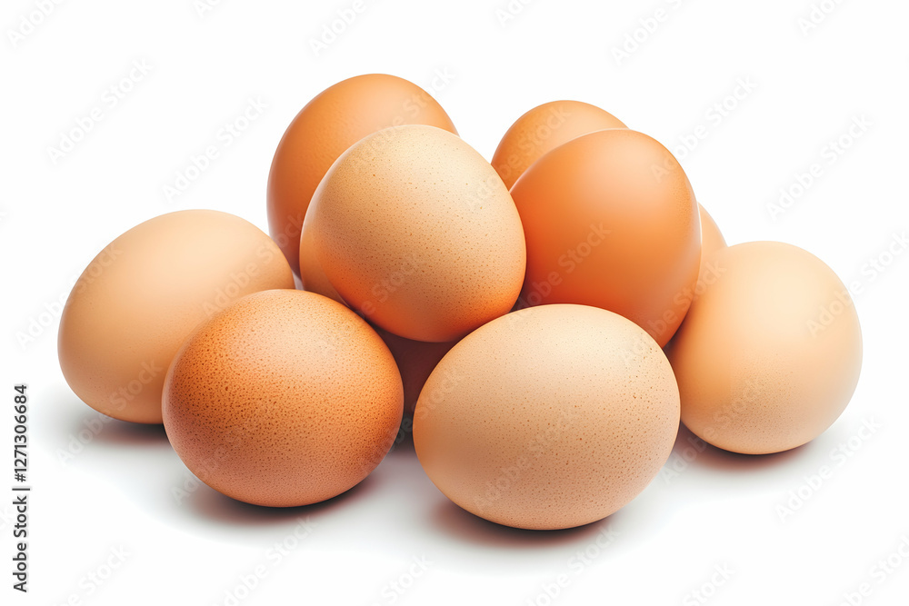 Brown eggs piled high on white background, food preparation Brown eggs piled high on white background, food preparation