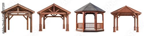 Cozy wooden gazebo or pavilion structure in a garden or backyard setting providing shade shelter and a beautiful architectural feature for outdoor relaxation entertainment and special events