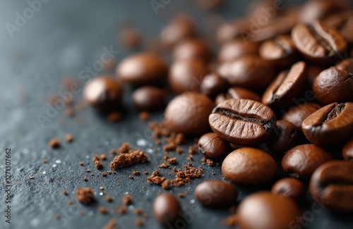 Aromatic roasted coffee beans close-up on dark surface. Warm, rich brown colors evoke cozy cafe vibes. Caffeine source for energy, espresso ingredient, culinary theme for morning breakfast. photo