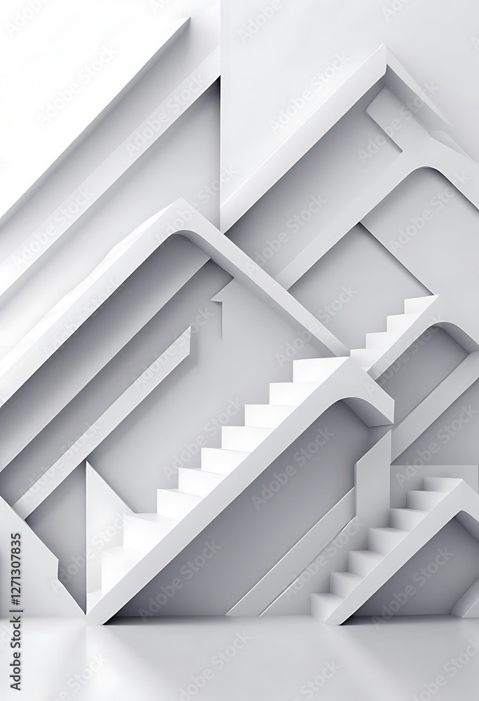 Ascending Geometric Abstraction, Interconnected White Staircases and Forms Ascending Geometric Abstraction, Interconnected White Staircases and Forms