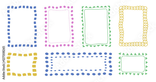 Empty frames doodles, dotted frames with simple freestyle geometric forms and shapes, borders and backgrounds for texts and images. Vector illustration.