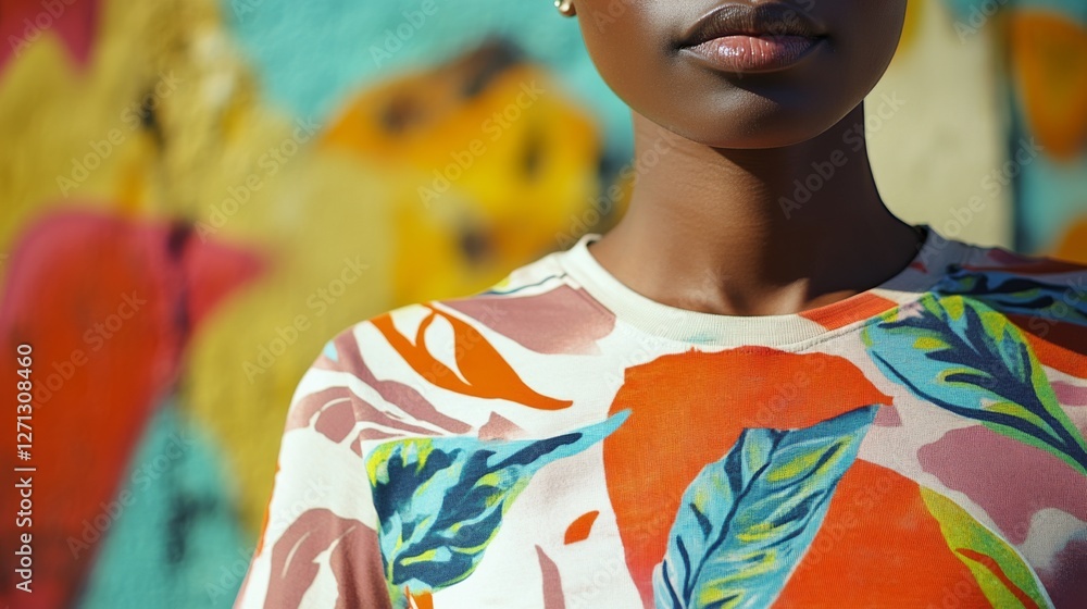 Fototapeta premium A colorful backdrop frames a person wearing a floral-patterned shirt, showcasing vibrant self-expression through fashion and public art.