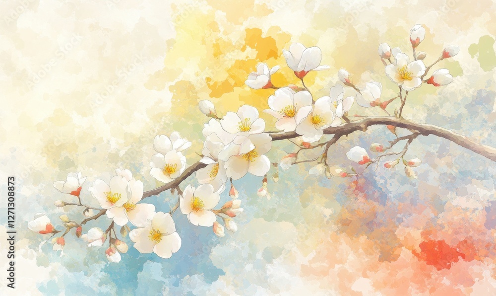 Delicate white cherry blossoms bloom on a branch against a vibrant watercolor background Delicate white cherry blossoms bloom on a branch against a vibrant watercolor background