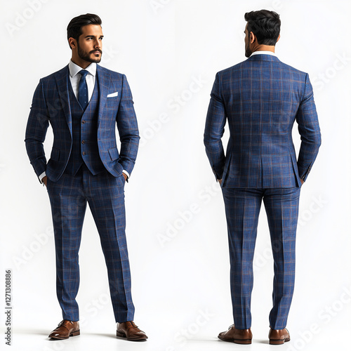 front and back view of young man in business suit isolated on white background