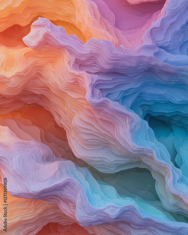 Fototapeta premium A partial overhead angle revealing a series of wavelike dunes, each gradient of pink and blue