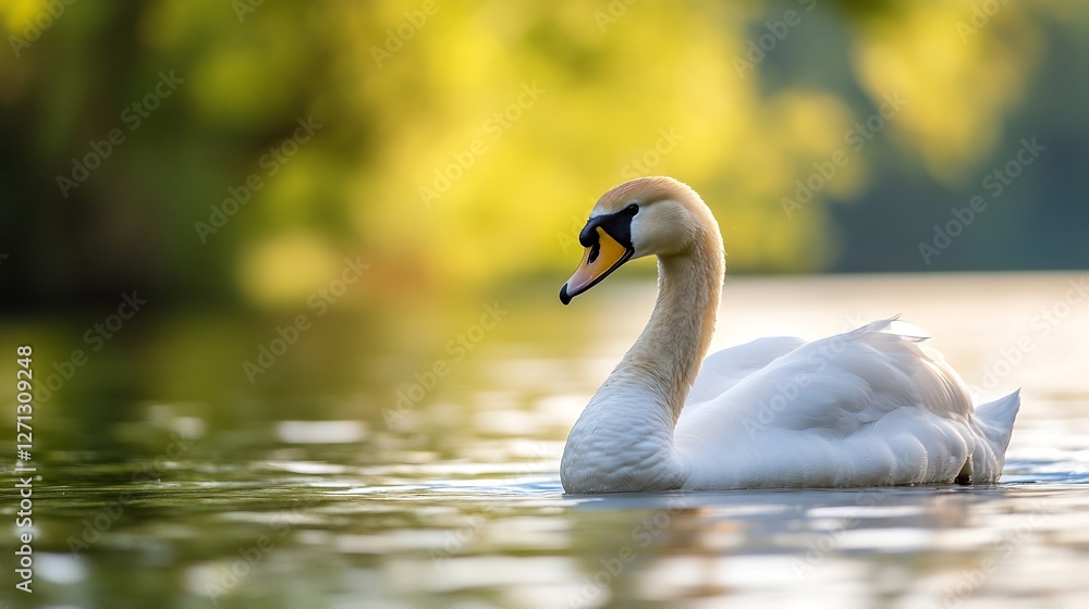 Elegant swan gracefully swimming in a serene lake with a blurred green background capturing tranquility : Generative AI Elegant swan gracefully swimming in a serene lake with a blurred green background capturing tranquility : Generative AI