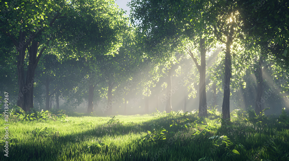 Obraz premium A_ serene_ forest_ scene_ with_ sun