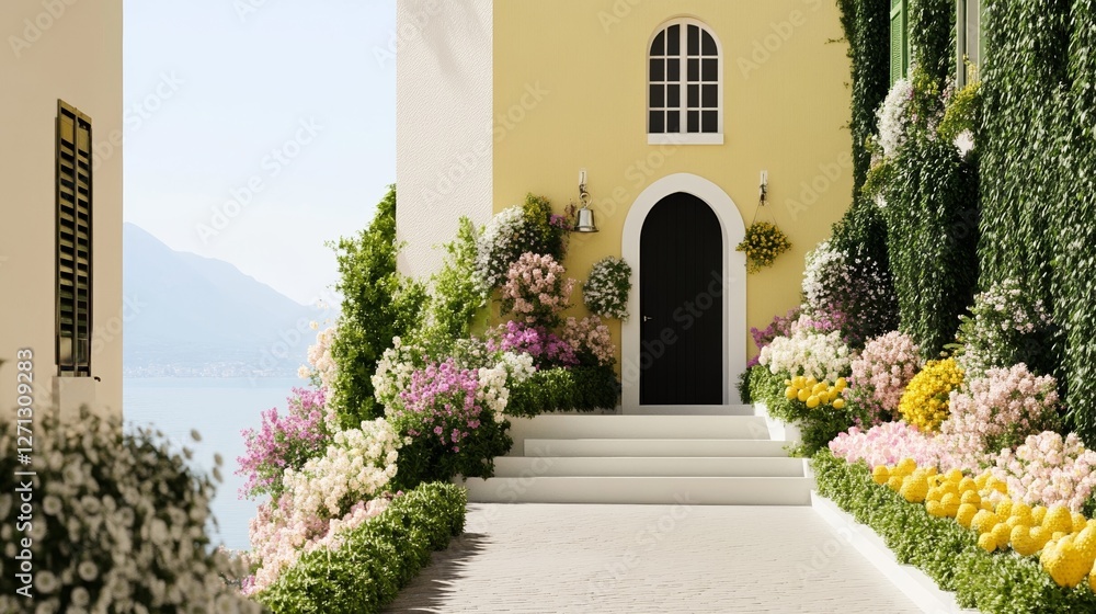 Obraz premium Elegant Panoramic view of a small Italian village celebrating Easter with church bells ringing and colorful decorations lining the streets 