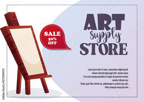 Vector illustration of a banner featuring an easel and a 50% discount on art supplies. Suitable for art stores and studios  