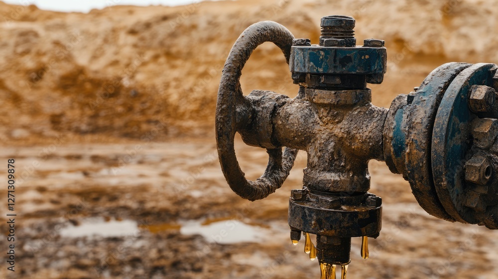 A metal pipeline valve with crude oil dripping from its edge A metal pipeline valve with crude oil dripping from its edge