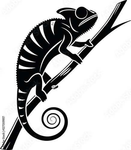 Chameleon Climbing Black Silhouette, Minimalistic Vector Illustration, Animal Silhouette, Reptile Art, Climbing Chameleon, Simple Animal Design, Nature Vector, Vector Illustration of Chameleon.
