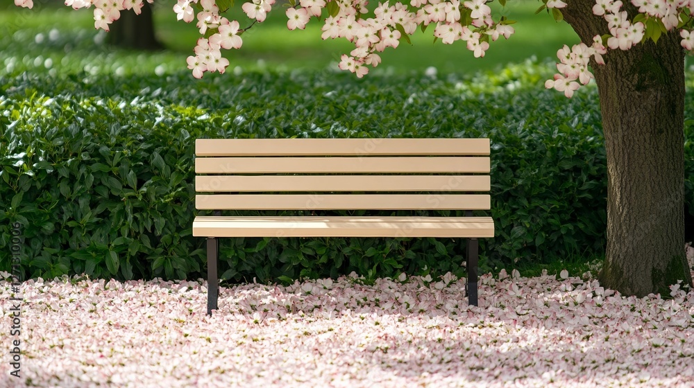 Elegant Rustic wooden bench beneath a flowering dogwood tree in full bloom pink petals scattered on the ground peaceful nature escape Elegant Rustic wooden bench beneath a flowering dogwood tree in full bloom pink petals scattered on the ground peaceful nature escape