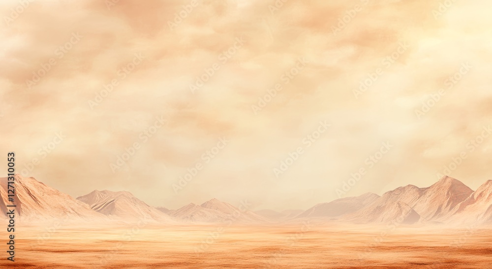 Naklejka premium Painting of Endless Desert with Distant Mountains, Overcast Sky, and Fog in the Foreground