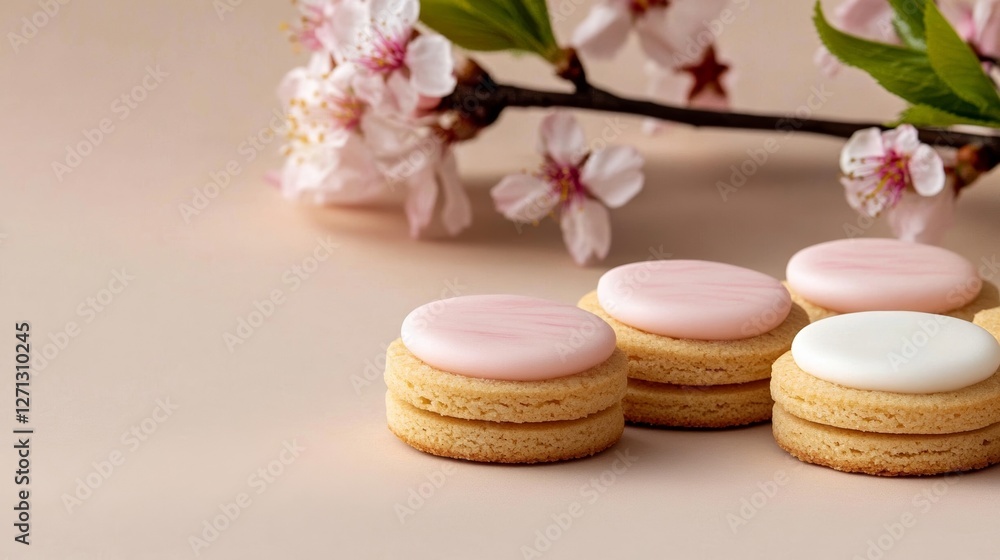 Elegant Sakura shortbread cookies with pink and white marbled icing placed on a pastel background minimalist and elegant dessert styling Elegant Sakura shortbread cookies with pink and white marbled icing placed on a pastel background minimalist and elegant dessert styling