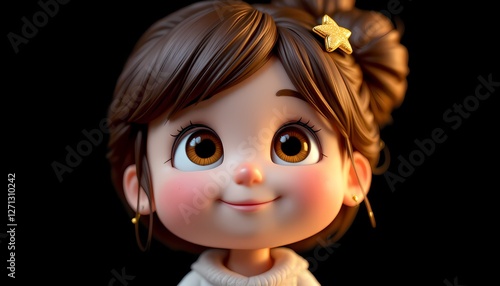 A charming little girl with soft light brown hair styled in a playful bun, adorned with a sparkling golden star hair clip. Her round face reflects the innocence of youth, complete with adorable baby f