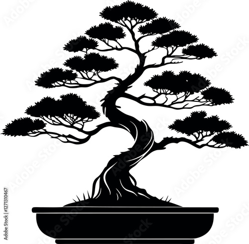 Bonsai Tree Black Silhouette, Minimalistic Vector Illustration, Simple Bonsai Art, Tree Silhouette, Nature Design, Bonsai in Pot, Minimalist Vector Art, Bonsai Tree Decoration.