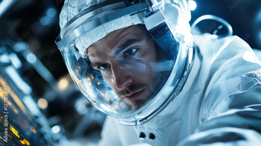 Astronaut in space suit focused on control panel in spacecraft Astronaut in space suit focused on control panel in spacecraft