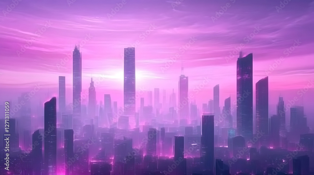 Fototapeta premium Vibrant Cityscape Under a Magenta Sky Modern Architecture and Urban Skyline Artistic Rendition