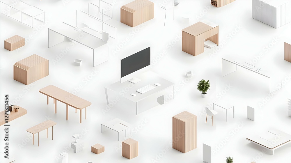 Fototapeta premium Modern Minimalist Office Furniture Arrangement in White and Beige