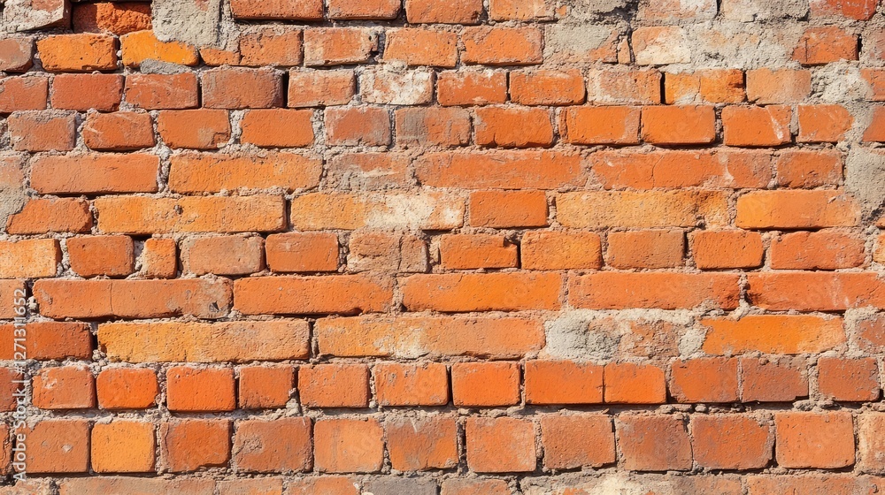 Fototapeta premium Rustic red brick wall background with natural imperfections and weathered details. Warm tones and classic design suitable for vintage-inspired projects.