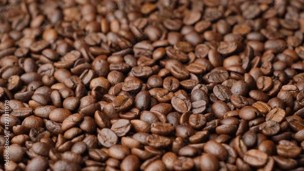 Rotating a pile of caffeine-free decaf coffee beans close-up Rotating a pile of caffeine-free decaf coffee beans close-up