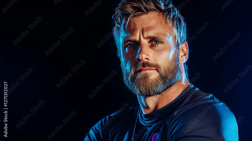 Fototapeta premium Confident man, studio portrait, dark background, fitness