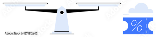 Balance scale weighing options with one side empty and a blue discount ticket with percentage sign. Ideal for decision making, cost-benefit analysis, discounts, offers, financial choices, business
