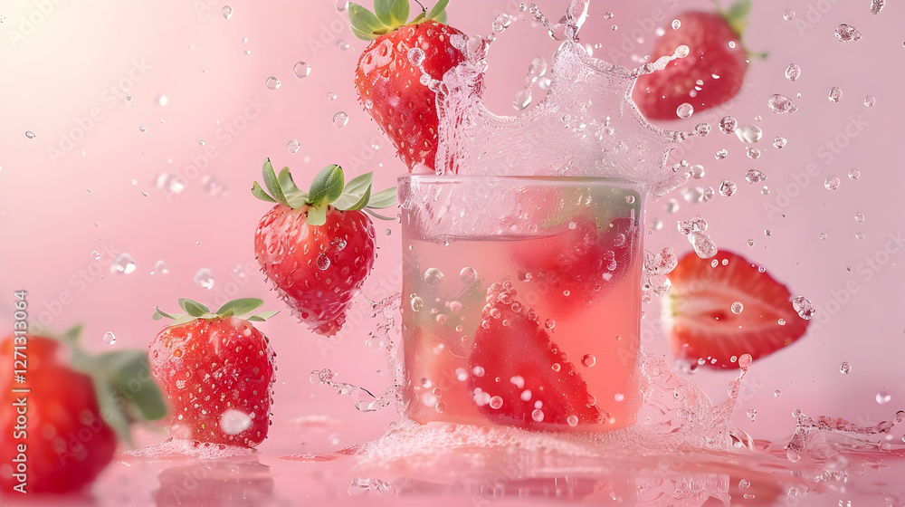 Fresh strawberries splashing into a glass of pink beverage against a soft pink background Fresh strawberries splashing into a glass of pink beverage against a soft pink background