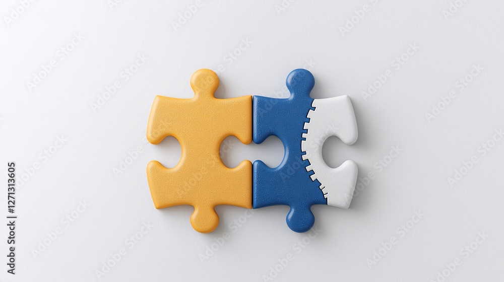 Obraz premium Close-Up View of Interconnected Yellow and Blue Jigsaw Puzzle Pieces on Neutral Background