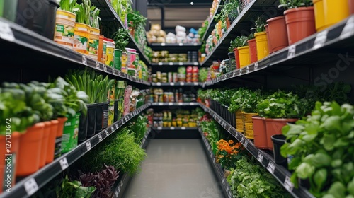Grocery Store Aisle with Fresh Herbs and Canned Goods