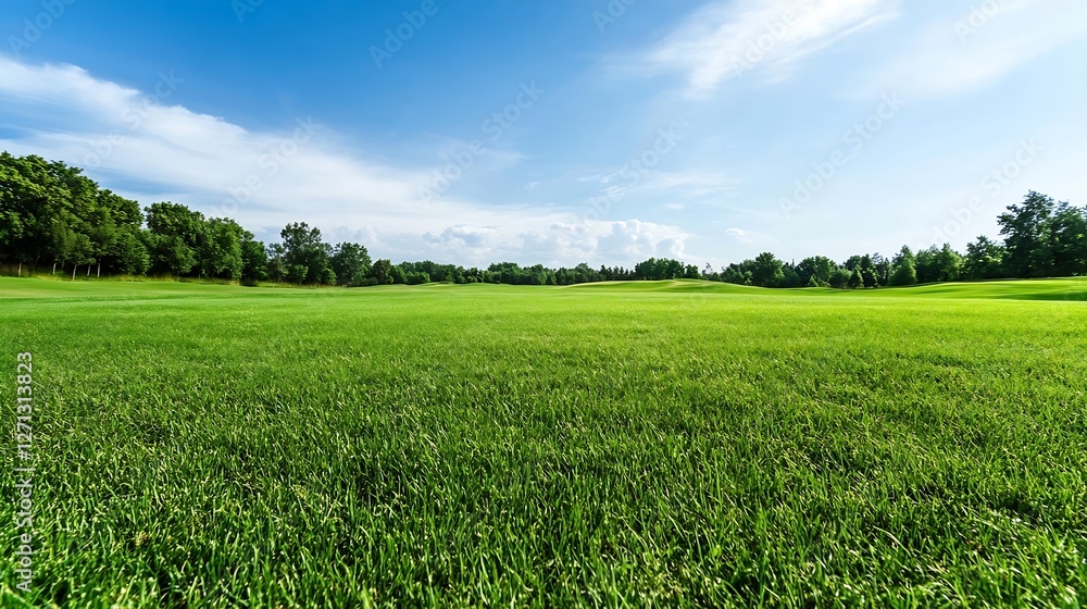 Fototapeta premium Vast Green Grass Field Under Bright Blue Sky with Fluffy Clouds on a Sunny Day : Generative AI