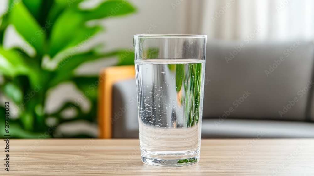 Fresh glass of clean water on a wooden table with green plant leaves and a cozy modern living room in the background creating a refreshing atmosphere Fresh glass of clean water on a wooden table with green plant leaves and a cozy modern living room in the background creating a refreshing atmosphere