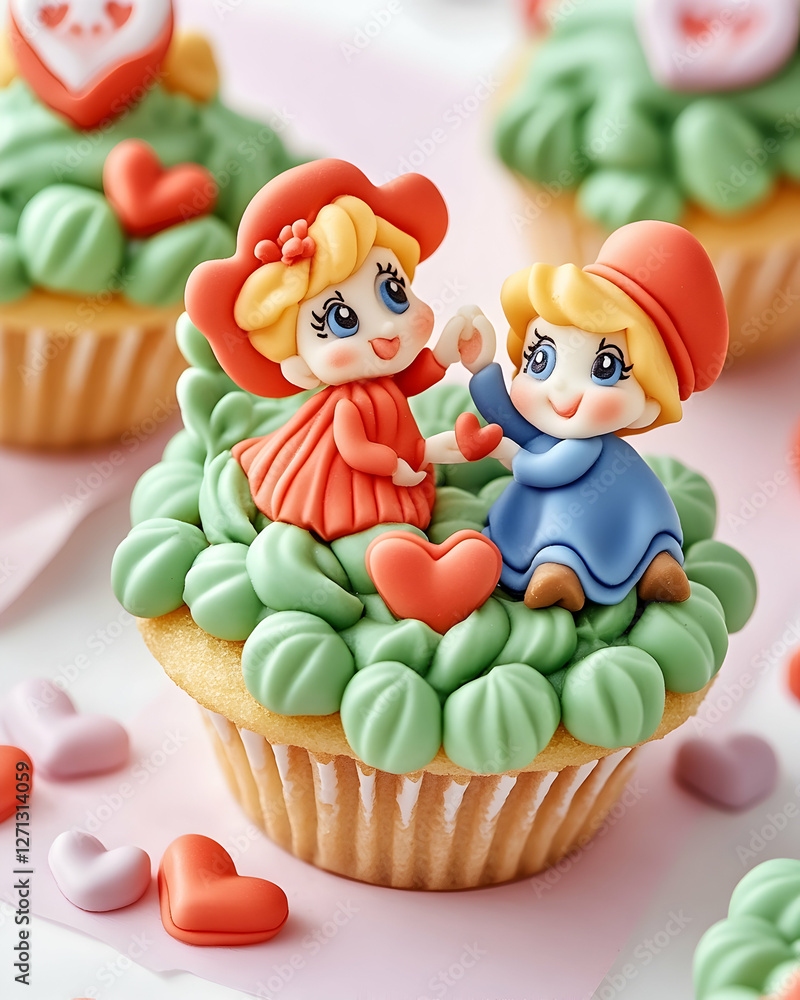 Obraz premium Cute couple fondant figurines on Valentine's cupcakes