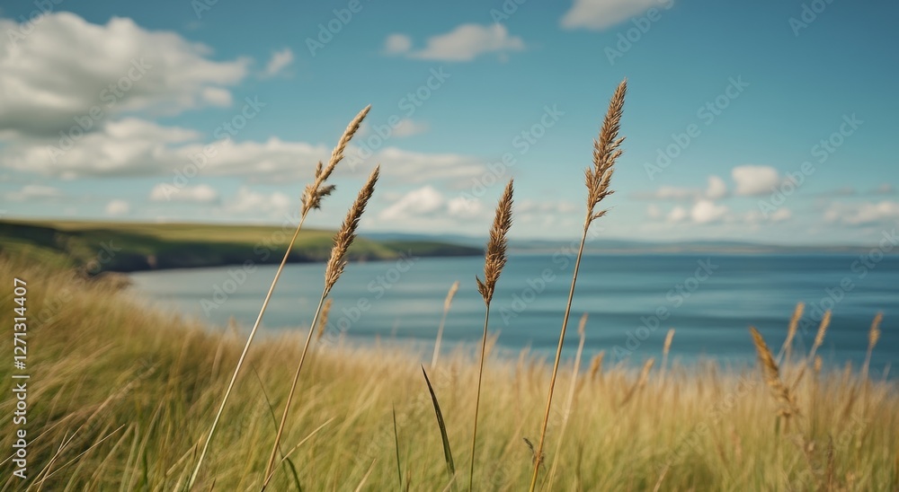 Fototapeta premium Top View of Long Grass Blowing in Strong Wind, Scottish Highlands, Cinematic