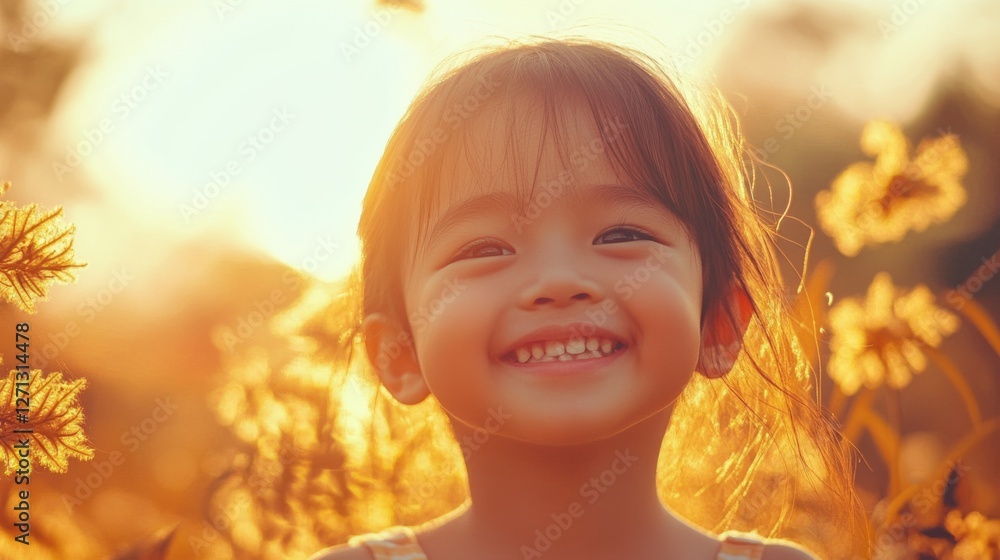 Fototapeta premium A smiling child, framed by golden sunlight and flowers, radiates warmth and joy amidst a vivid, sunlit field.