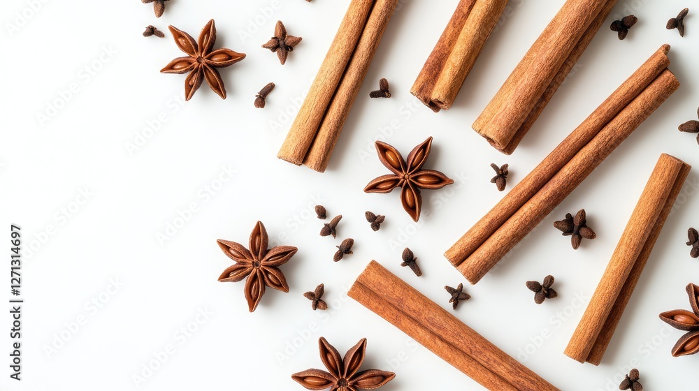 Spices like cinnamon sticks, star anise, and cloves, artistically scattered on a clean white background. Spices like cinnamon sticks, star anise, and cloves, artistically scattered on a clean white background.