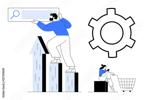 Character holding a search bar standing on ascending arrows, large gear symbol, another person sitting with a phone near a shopping cart. Ideal for growth, search, shopping, technology, productivity