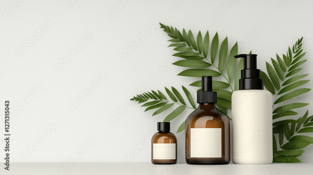Natural skincare products displayed with green leaves, creating fresh and calming atmosphere. arrangement includes various bottle sizes, emphasizing eco friendly beauty Natural skincare products displayed with green leaves, creating fresh and calming atmosphere. arrangement includes various bottle sizes, emphasizing eco friendly beauty