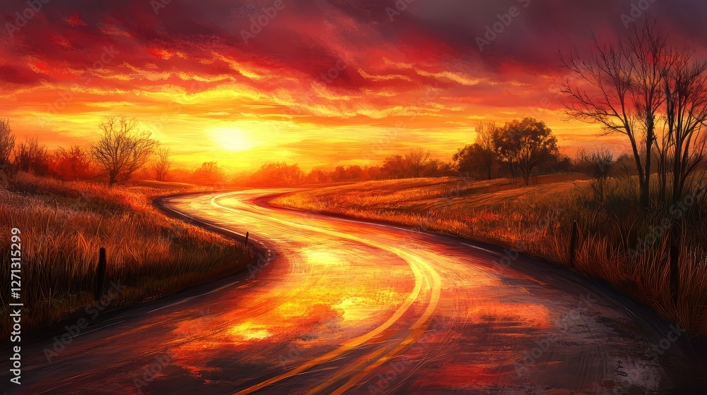 Sunset-lit road reflecting deep orange and pink hues, curving gently through a quiet rural setting. Sunset-lit road reflecting deep orange and pink hues, curving gently through a quiet rural setting.